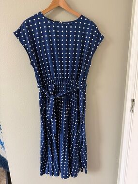 Navy Polka Dot Midi Dress with Waist Tie